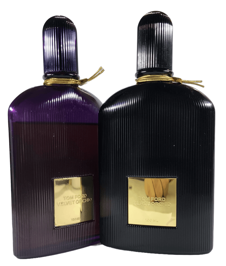 Tom Ford Black Orchid and Velvet Orchid perfume bottles side-by-side.